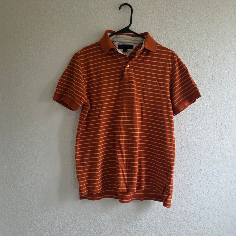 Tommy Hilfiger Mens Orange Polo Shirt Small Striped Preppy